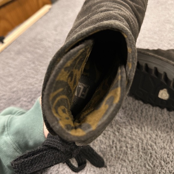 Fly London Yama Boots Womens 38 Grey Leather Suede Wedge Bootie Bow Lace Ankle - Picture 8 of 9